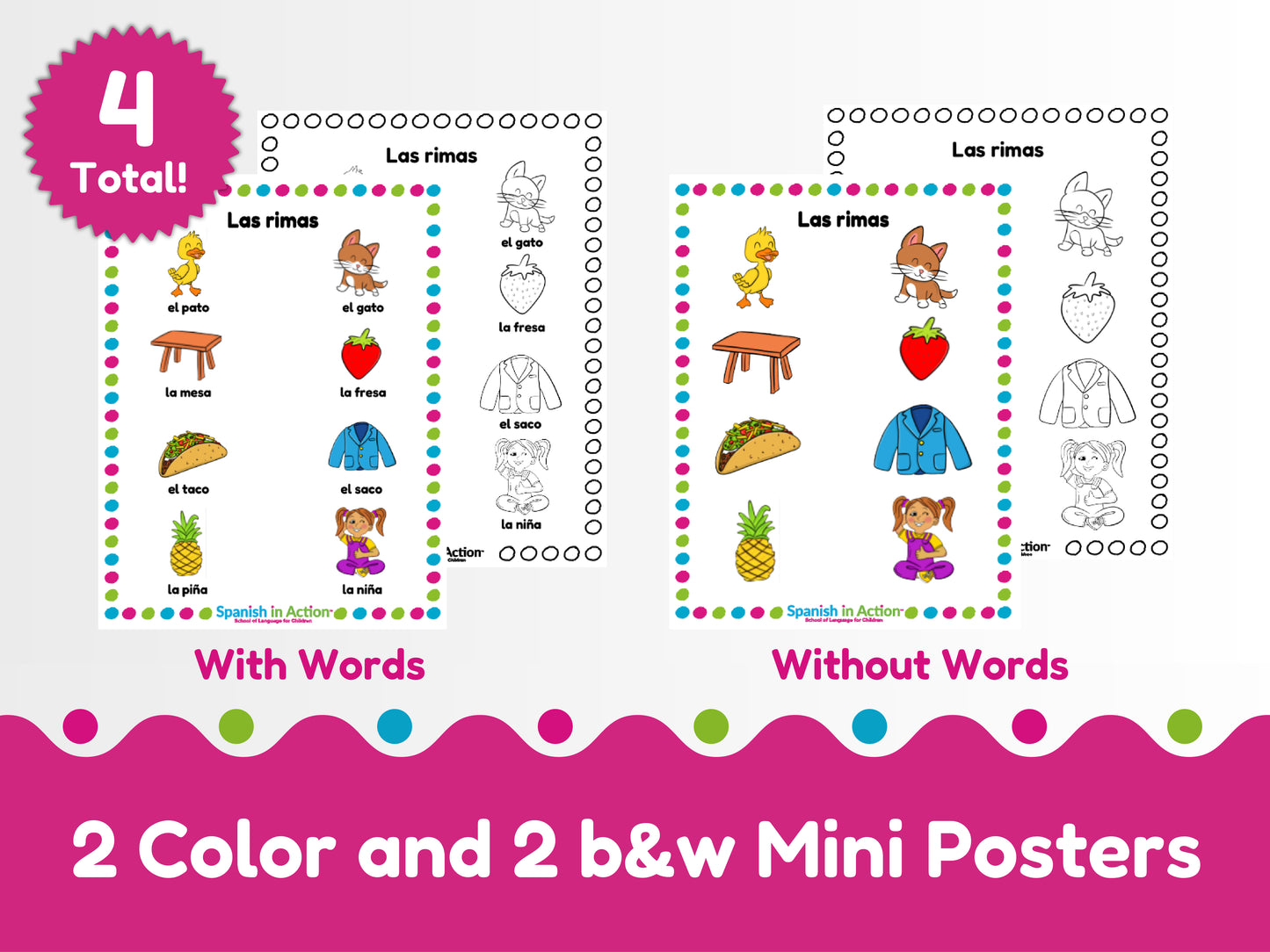 The Rhyming Words (Palabras que Riman) Mini-Posters for Kids - 4 Mini-Posters