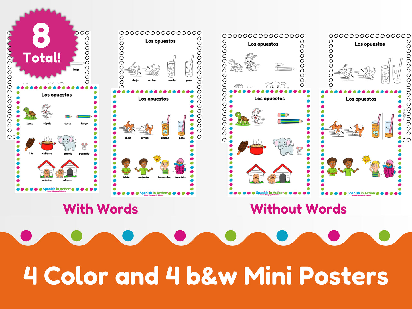 The Opposites 1 (Los Opuestos 1) Mini-Poster in Spanish for Kids -- 8 MIni-Posters