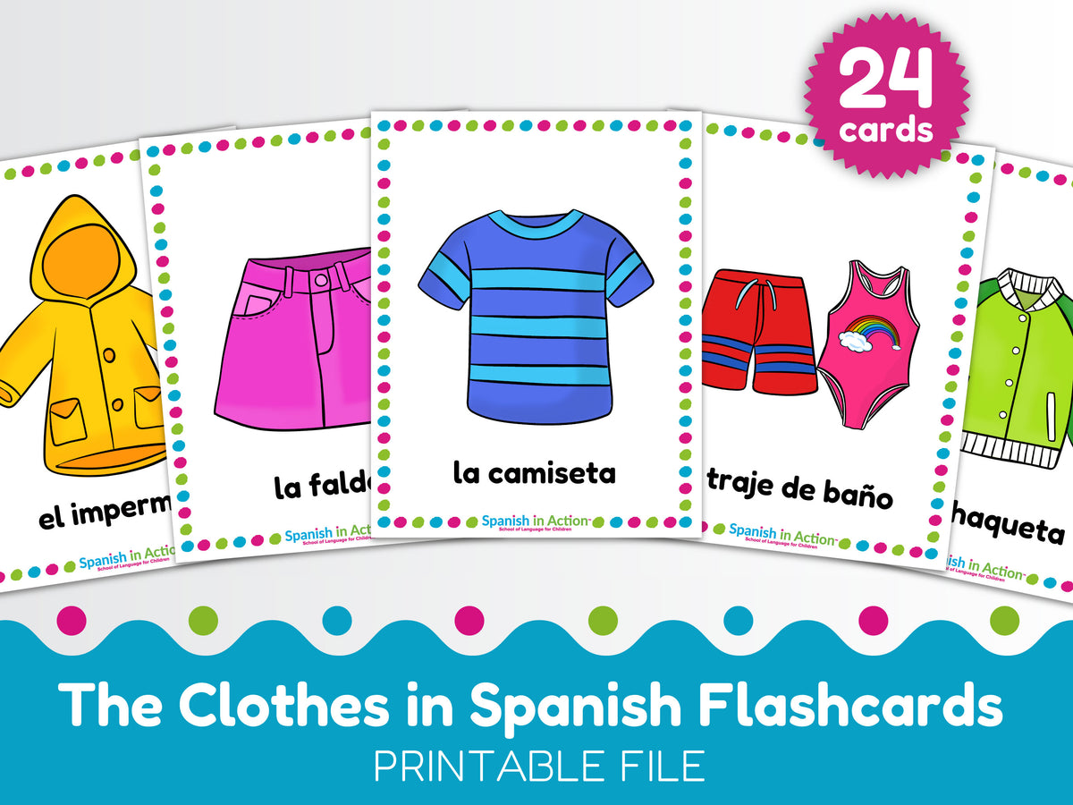 Spanish flashcards about clothing displayed on a white background with colorful polka-dot borders and a blue banner reading 'The Clothes in Spanish Flashcards' and 'PRINTABLE FILE.' A pink badge says '24 cards.'