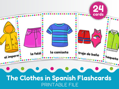 Spanish flashcards about clothing displayed on a white background with colorful polka-dot borders and a blue banner reading 'The Clothes in Spanish Flashcards' and 'PRINTABLE FILE.' A pink badge says '24 cards.'