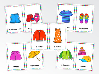 A set of colorful Spanish children's flashcard pages showing different clothing and accessories, arranged on a light gray background. The cards feature illustrations of shorts, a swimsuit, a striped shirt, flip-flops, sandals, a cardigan, a polka-dot dress, a skirt, an umbrella, a jacket, a beanie, and a cap, each labeled with its Spanish name.