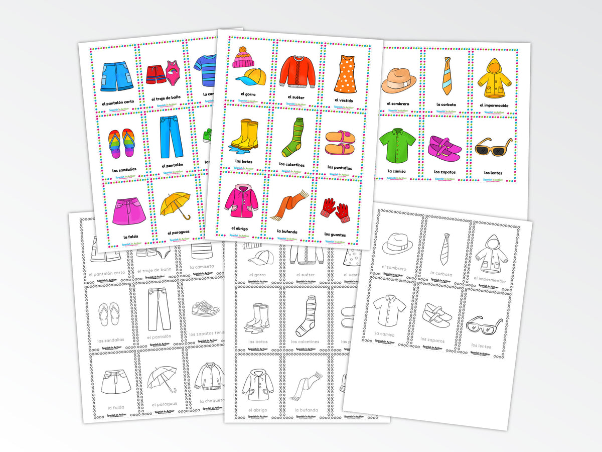 Three printed educational pages or worksheets showing colorful clothing illustrations on the top sheet and black-and-white line drawings on the lower pages, arranged on a light gray background.
