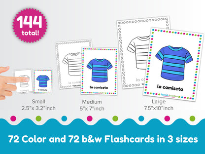 Promotional graphic for a set of 144 Spanish flashcards in three sizes: Small (2.5" x 3.2"), Medium (5"x7") and Large (7.5"x10")