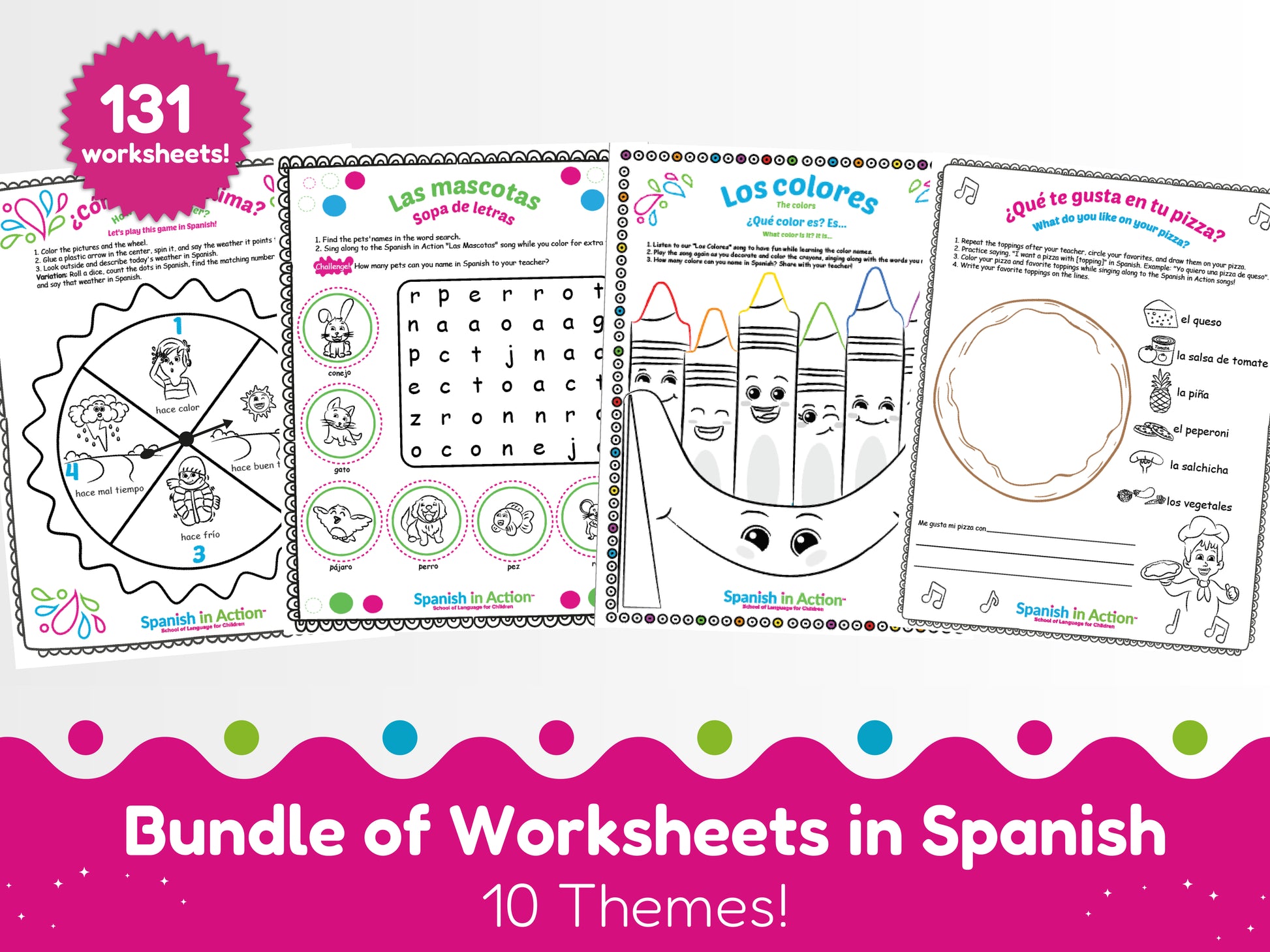 Spanish in Action Mega Bundle: Worksheets in Spanish for Kids -- 10 Spanish Themes
