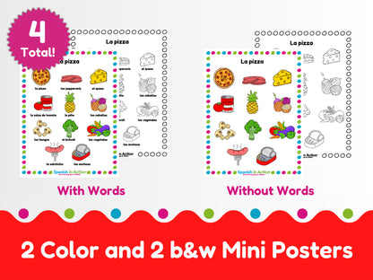 The Pizza Toppings (El Baile de la Pizza) Mini-Poster in Spanish for Kids - 4 Mini-Posters