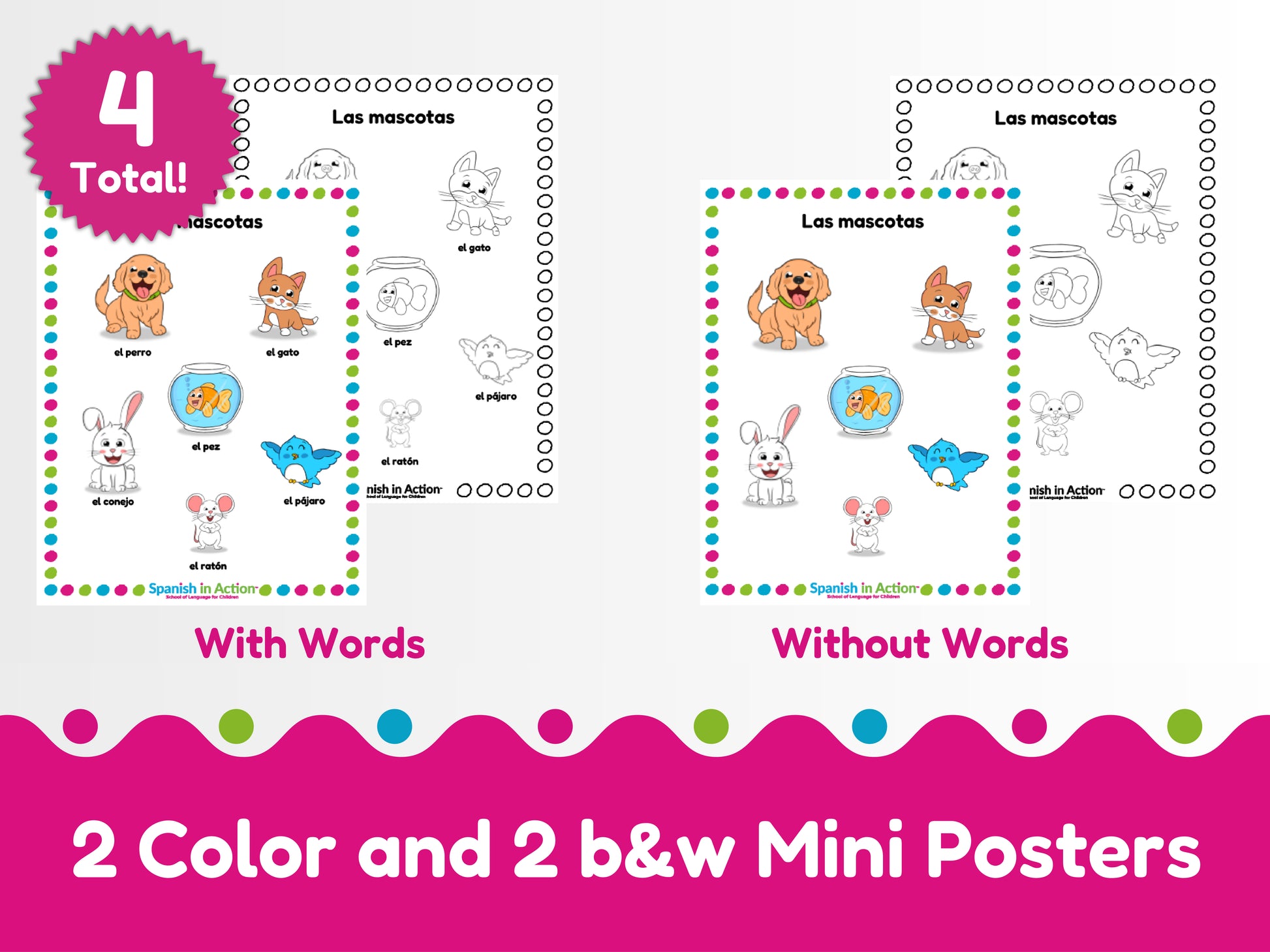 The Pets (Las Mascotas) Mini-Poster in Spanish for Kids - 4 Mini-Posters