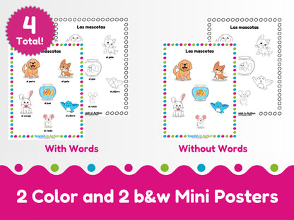 The Pets (Las Mascotas) Mini-Poster in Spanish for Kids - 4 Mini-Posters