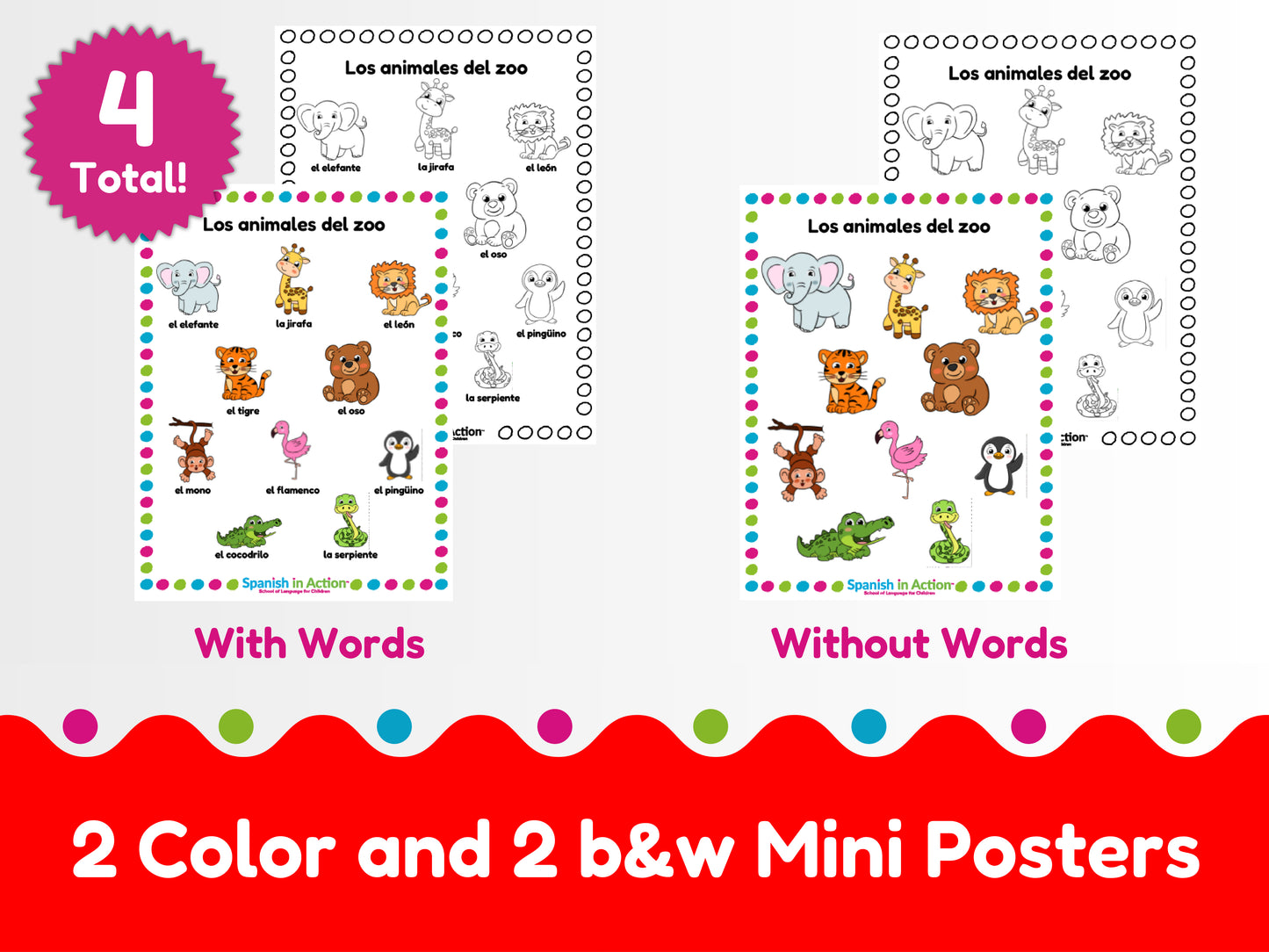 The Zoo Animals (Los Animales) Mini-Poster in Spanish for Kids -- 4 Mini-Posters