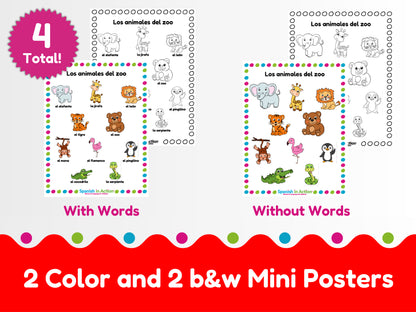The Zoo Animals (Los Animales) Mini-Poster in Spanish for Kids -- 4 Mini-Posters