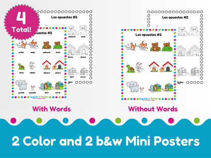 The Opposites 2 (Los Opuestos 2) Mini-Poster in Spanish for Kids - 4 Mini-Posters