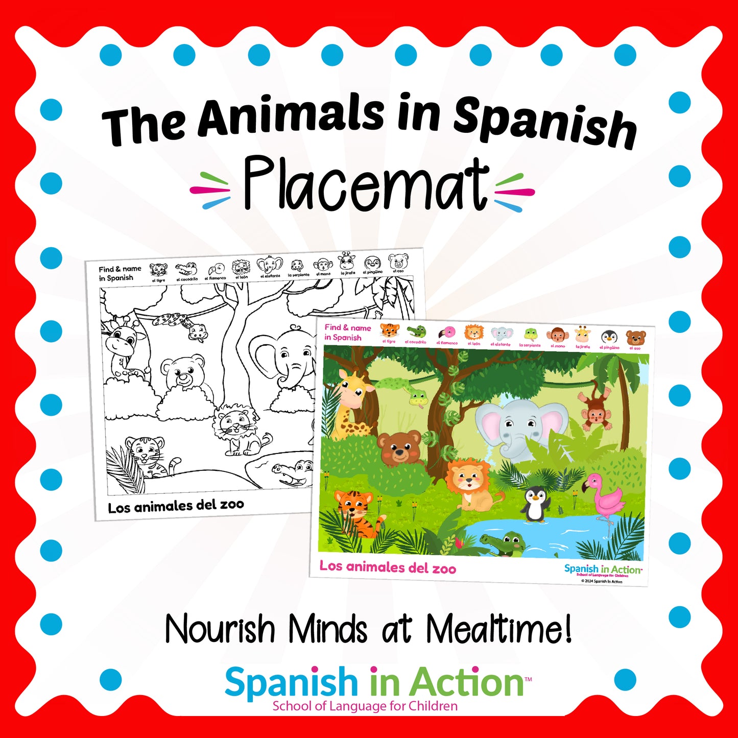 The Zoo Animals (Los Animales) Placemat in Spanish for Kids